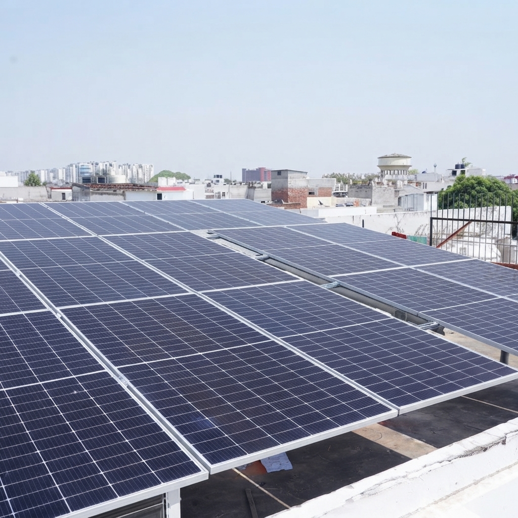 Urban solar panel array on rooftop